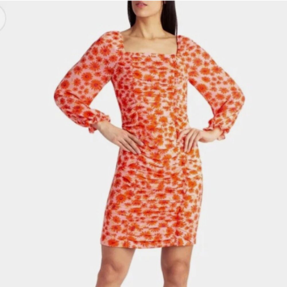 Nicole Miller Lora Pink Chiffon Floral Ruched Square Neck Long Sleeve Dress Sz 6